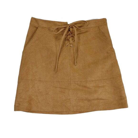 Lauren Conrad Sz 2 Lace-Up Tie Front Tan Faux Suede Mini Skirt Pockets Peasant - Picture 1 of 8